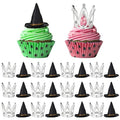 24 Pcs Witch Hat & Silver Crown Cake Toppers for Halloween & Princess Parties
