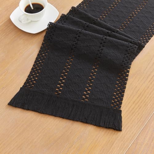 Black Table Runner 12x71 Inches with Tassels Boho Rustic Farmhouse Decor