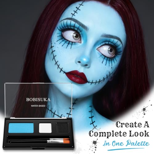 Water-Activated Sally Face Paint Set - 3 Colors Black White Light Blue - Includes Dual Brushes, Halloween & Cosplay Makeup
