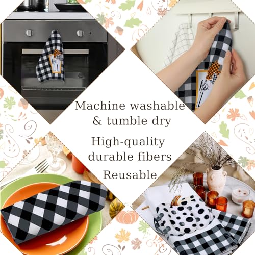 Fall Kitchen Towels Set - 4 Plaid Black Pumpkin Hand Towels - Autumn Decor