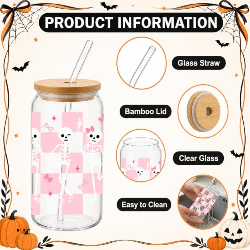 Pink Ghost Skeleton Glass Cups with Lids & Straws - 16oz Halloween Set