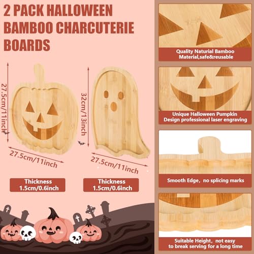 Halloween Pumpkin & Ghost Serving Trays - Bamboo Cheese Platter Set, 2 Pieces