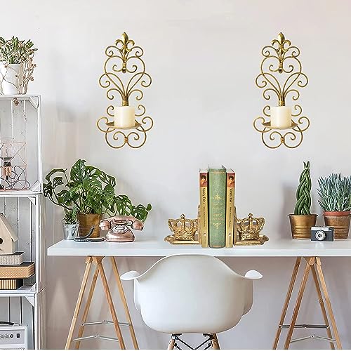 Antique Gold Wall Sconce Candle Holder Set of 2 - Metal Hanging Wall Decor for Living & Dining