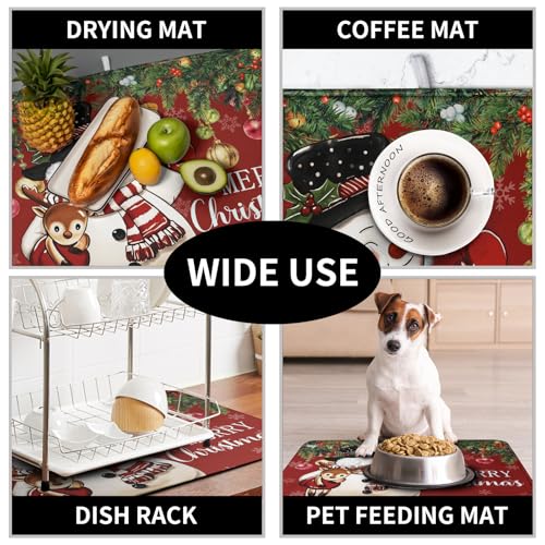 Christmas Snowman Dish Drying Mat 18x24 Inch - Reversible Absorbent Microfiber Kitchen Counter Pad