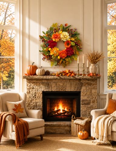 24 Inch Fall Wreath for Front Door - Autumn Decor for Home & Entryway