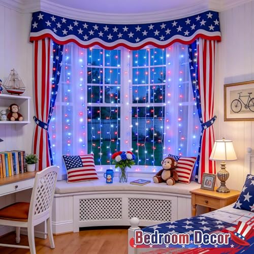JMEXSUSS 300 LED Curtain Lights for 4th of July - Red White & Blue, 9.8x9.8ft, Outdoor Indoor Decor with Remote