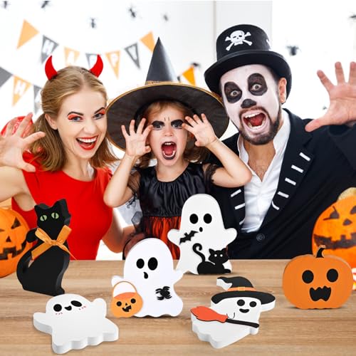Halloween Wooden Decor Set - Ghost and Pumpkin Signs, Ghost C Variation, Indoor Fall & Holiday Table Decorations