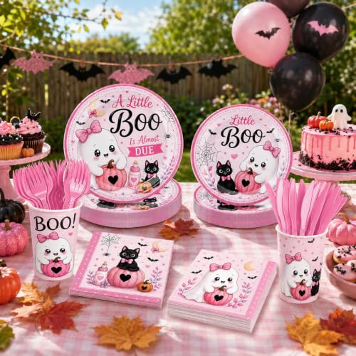 Halloween Baby Shower Decorations Set with Plates Cups Napkins and Utensils - Pink & Spooky Theme