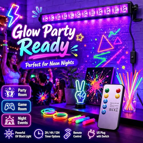 45W LED Black Light Bar with Remote Control - 4 Pack Dimmable & Timer, Fluorescent Party Lighting