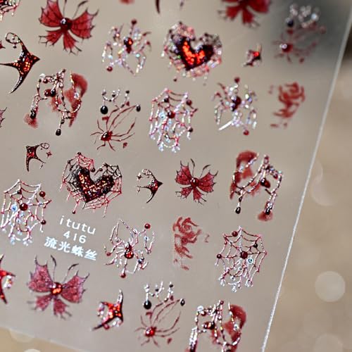Halloween Glitter Nail Stickers with Spider Web and Heart Design - Style 17