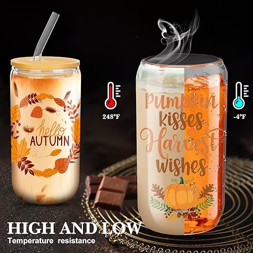 12 Pack Fall Glass Drinking Cups with Lids and Straws - 16oz Pumpkin Design for Thanksgiving Halloween Autumn