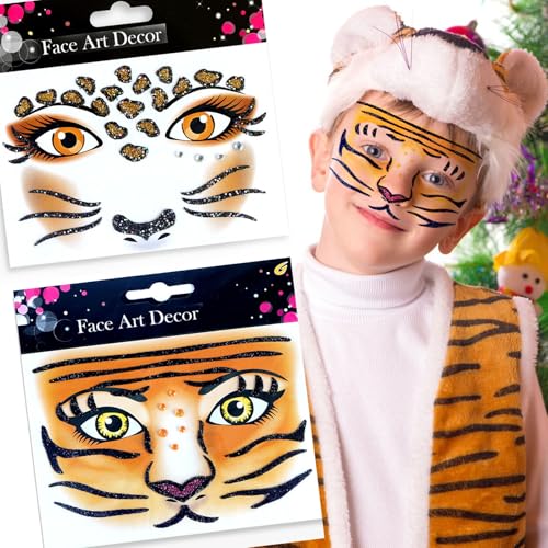 Wild Animal Face Tattoo Stickers - Leopard & Tiger Glitter Temporary Body Art for Halloween, Cosplay, Festivals - 2 Sheets