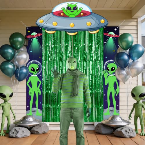 Alien Party Decorations Set - UFO Banner, Green Fringe Curtains & Alien Signs