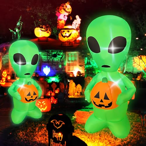 4FT Halloween Inflatable Alien with Pumpkin Decor and LED Lights