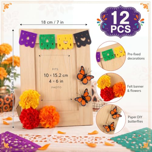 Cute Día de los Muertos Photo Frame Set for Altar - 12 Wooden Frames with Marigold Flowers & Butterflies