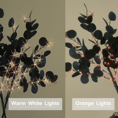 Lighted Black Eucalyptus Branches with Timer - 80 LED Halloween Tree Decor