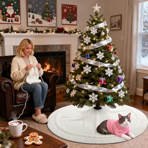 White Boho Cable Knit Christmas Tree Skirt - Small 36 Inch Rustic Farmhouse Decor