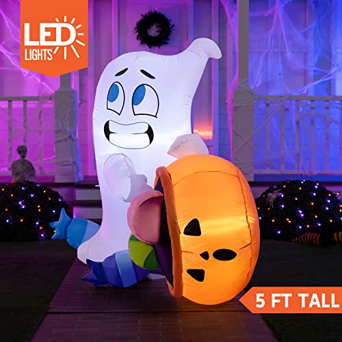 5 Ft Halloween Inflatable Ghost with Candy Pumpkin Cauldron Yard Decor