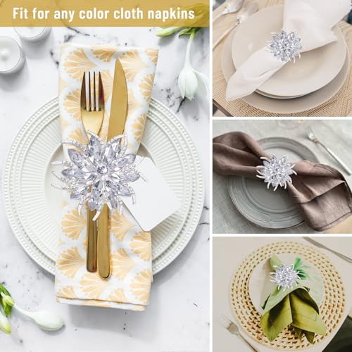 12 Pcs Christmas Lotus Flower Napkin Rings Set - Silver Rhinestone Holiday Table Decor