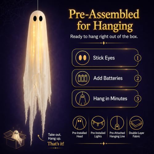 Outdoor Halloween Decorations 3 Pack Large Pre-Assembled Hanging Ghosts with Remote Timer