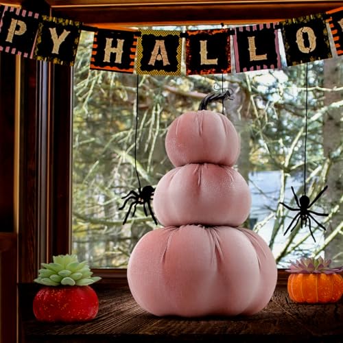 Pink Velvet Stacked Pumpkin Tower Fall Halloween Thanksgiving Home Decor - 12 Inch