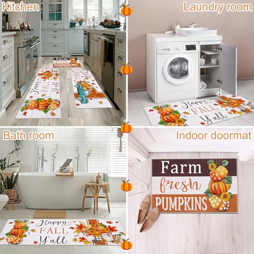 Fall Kitchen Rug Set of 3 with Pumpkin & Striped Variations – Washable Non-Slip Rugs for Kitchen & Entryway