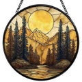 Mountain Sunset Stained Glass Window Hanging - Nature Forest Suncatcher - Color03 - 7.9 Inch
