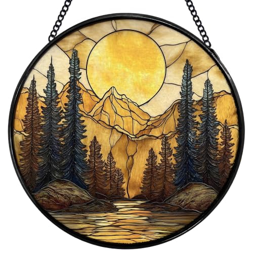 Mountain Sunset Stained Glass Window Hanging - Nature Forest Suncatcher - Color03 - 7.9 Inch