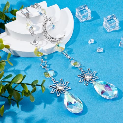 2 Pcs Car Rearview Mirror Charms Sun Star Moon Crystal Glass Pendant Boho Decor