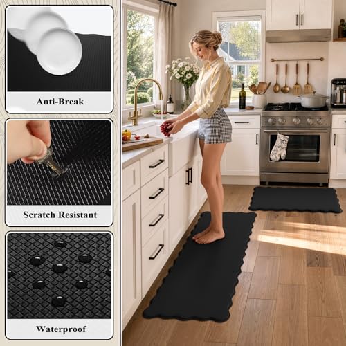 KIMODE Anti-Fatigue Kitchen Mats Set - Black Wavy 17.3x47 & 17.3x29 Inches
