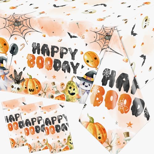 Halloween Happy Boo Day Tablecloth Set - Orange Black Ghost Pumpkins 3Pcs