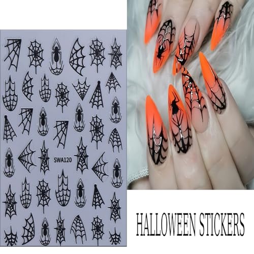 Halloween Spider Web Nail Stickers - 6 Sheets Self-Adhesive 3D Nail Decals for Manicure