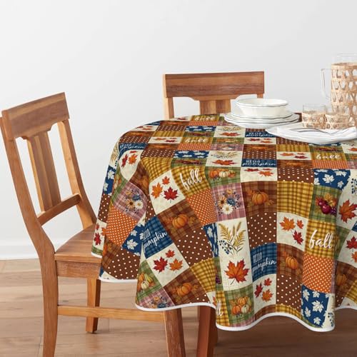 Round Fall Tablecloth 90x90 Inch Autumn Maple Leaves Wheat Caramel