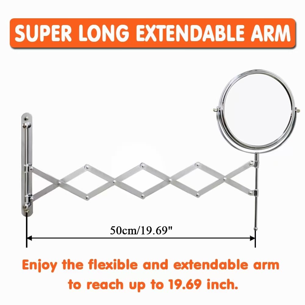 Welllink 7Inch Extendable Bathroom Makeup Mirror with Long Adjustable Arm, 1X/3X Magnification, High-Definition Glass, Chrome Finish, Space Saving Screw Mount