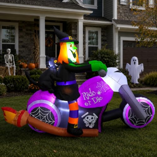 7FT Halloween Inflatable Witch on Motorcycle with Black Cat - Outdoor Yard Decor - Biker Witch Variation
