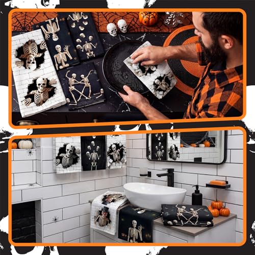 Skeleton Halloween Skull Kitchen Towels - Gothic Dish Hand Towels - 6 Pack