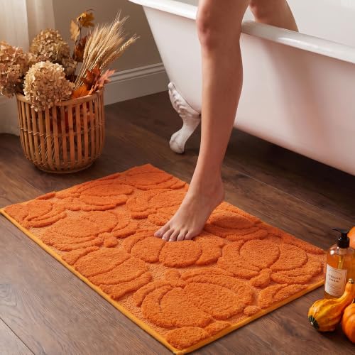 Fall Pumpkin Bath Mat 20x32 Inches - Harvest Orange Bathroom Rug with Anti-Slip Backing, Rectangular