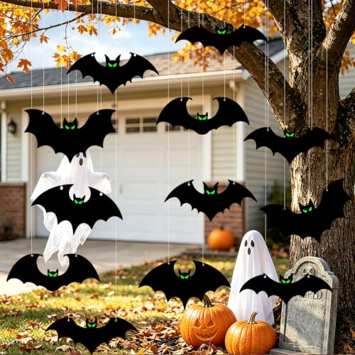 Black Halloween Hanging Bat Decorations - 12 Pcs Realistic Flying Bats with Glowing Eyes