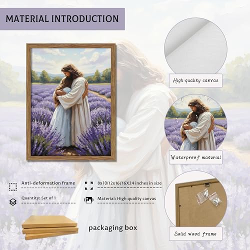 Jesus Embracing Girl Framed Christian Wall Art - 16x12in Religious Canvas Print - Lavender Scene