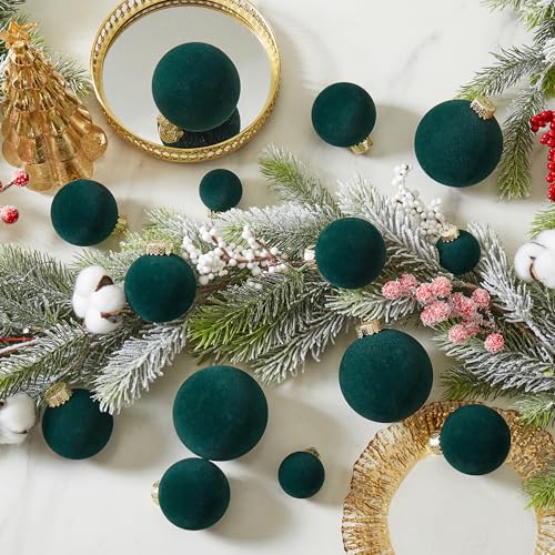 Green Velvet Christmas Ornaments Set 38Pcs Flocked Shatterproof Holiday Decorations