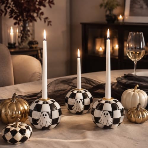 Halloween Black and White Checkerboard Candle Holder Set - Ghost Pumpkin Decor