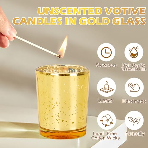 Gold Speckled Mercury Glass Votive Candles - Unscented 24PCS for Wedding & Party Decor