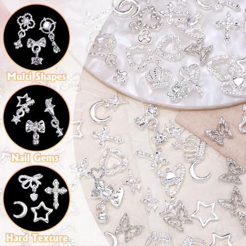 Silver-Set 1 100Pcs Nail Charms & Gems for Nails - Star, Heart, Bow, Crown