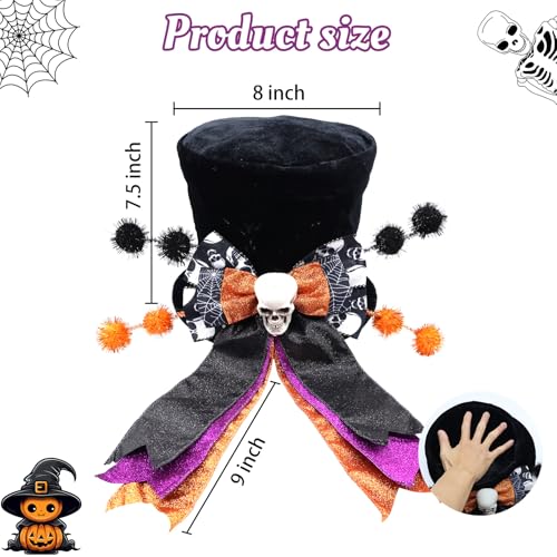 Halloween Tree Topper Hat with Wired Bow and Skull - Black Velvet Decor