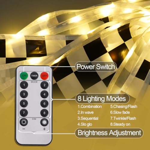 Light Up Checkered Flag Banner 33ft with Remote & 8 Modes for Sports Parties