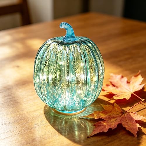 Mercury Glass Pumpkin Lights with Timer - Blue Fall Decor for Home