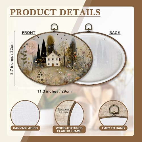 Oval Farmhouse Wall Art Decor - Rustic Botanical Canvas Print, House-A