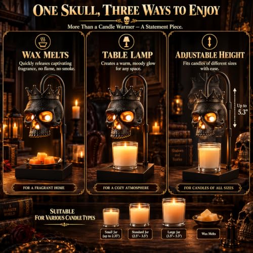 Gothic Skull Candle Warmer Lamp with Timer & Dimmer - Adjustable Height, Flameless Wax Melter