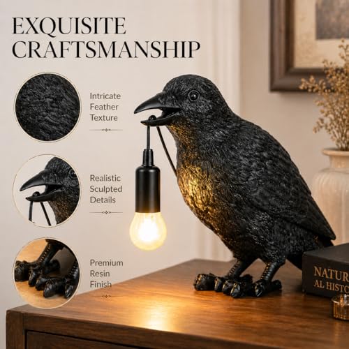 Gothic Crow Table Lamp with Edison Bulb, Halloween Indoor Decor, Resin Figurine, 9.5 Inch
