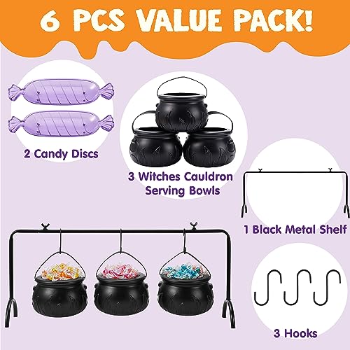 Halloween Cauldron Serving Bowls Set with Shelf & Candy Discs - Black & Purple